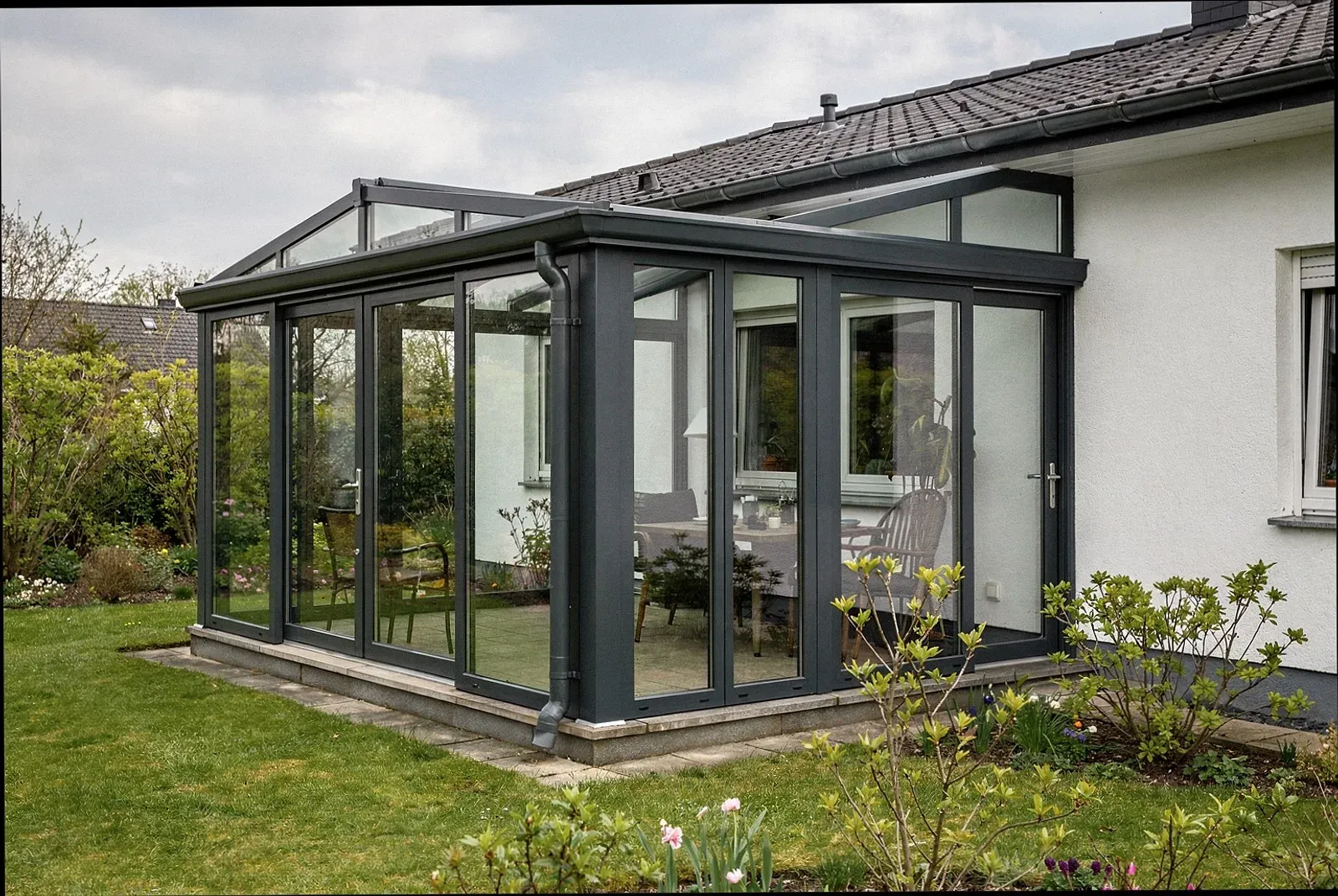 Wohnwintergarten mit großer Glasfront an einem Einfamilienhaus in Bonn